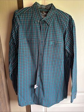 XL GEORGE STRAIT Wrangler Plaid Button-Down Shirt in Teal/Black